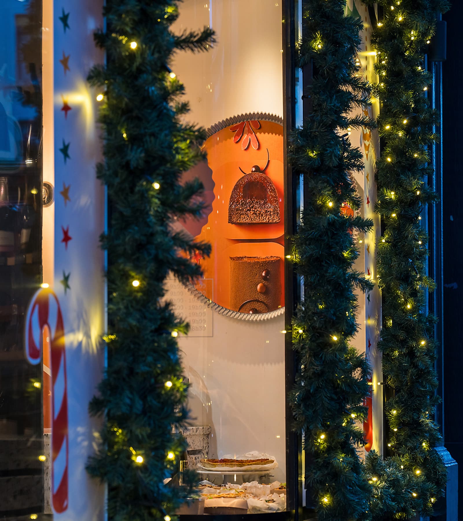 Vitrine professionnelle illuminée et encadrée de guirlandes de Noël