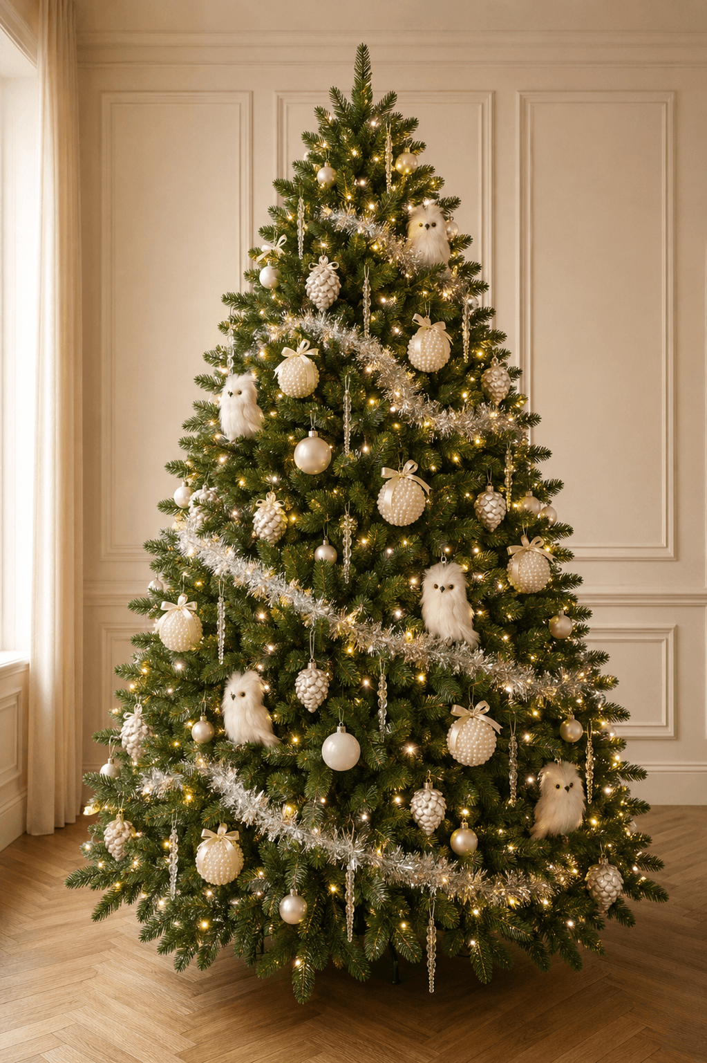 Sapin de Noël décoré Blanc Givré à louer – ornements blancs, peluches et givre