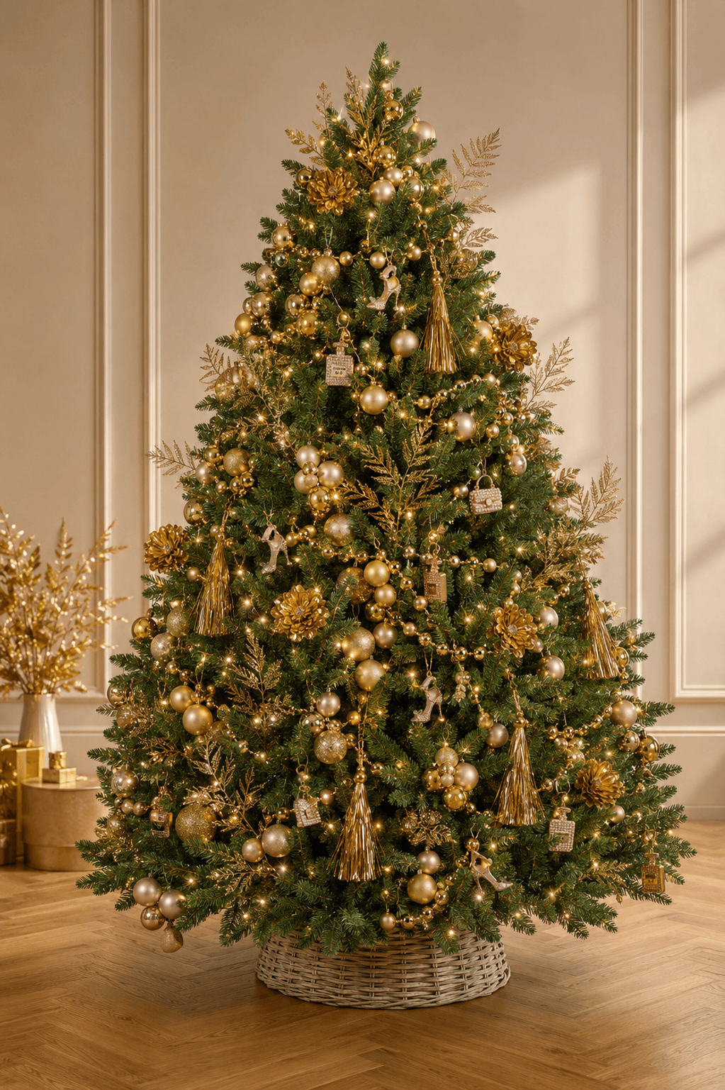 Sapin de Noël décoré Or Luxe à louer – grappes de boules dorées et fleurs