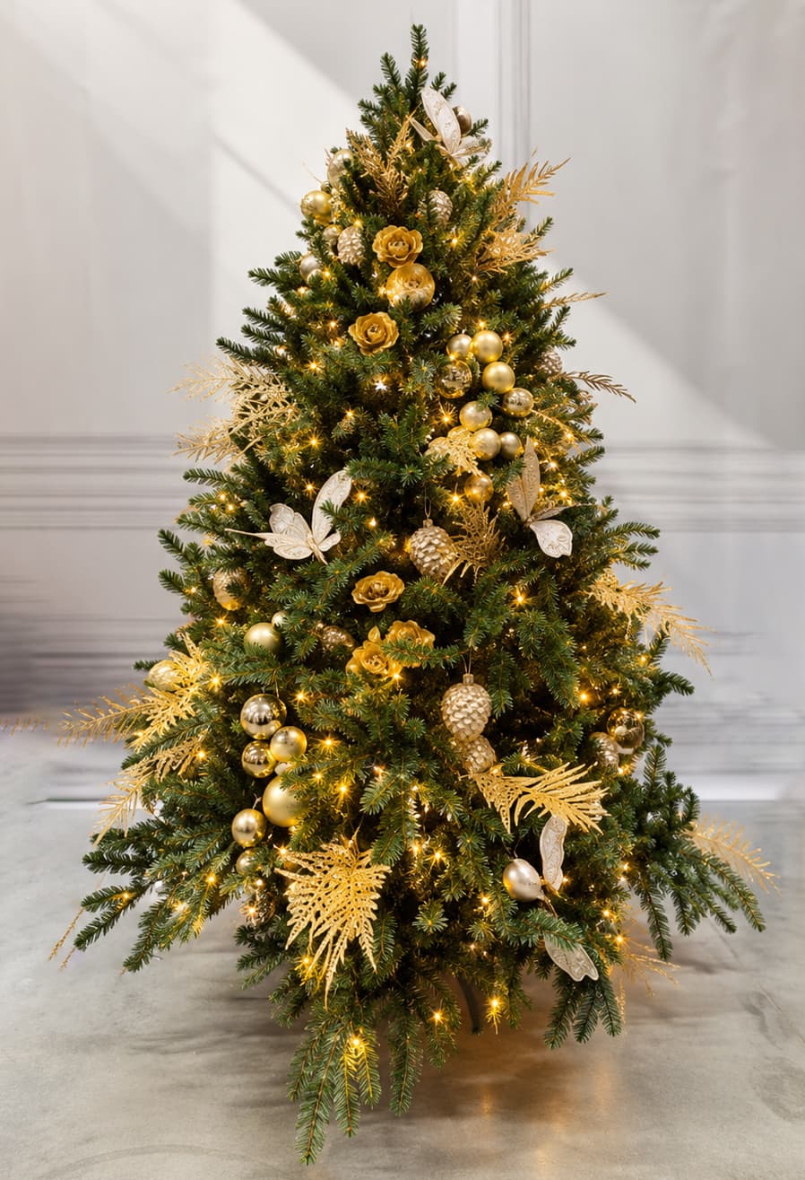 Sapin de Noël décoré Or Luxe à louer – grappes de boules dorées et fleurs