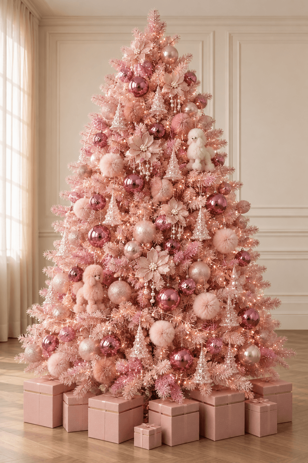 Sapin de Noël décoré Rose Bonbon à louer – boules roses, perles et peluches