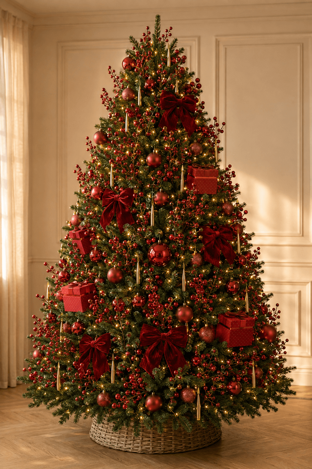 Sapin de Noël décoré Grande Tradition à louer – grappes de boules rouges et bougies LED